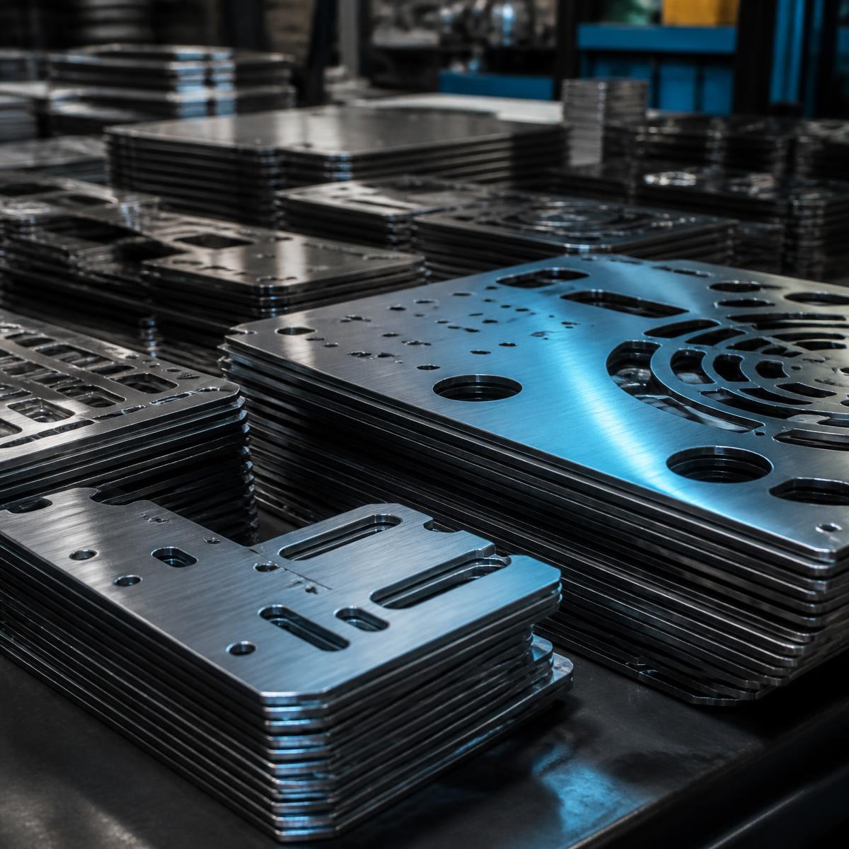 Peças metálicas cortadas a laser em oficina industrial